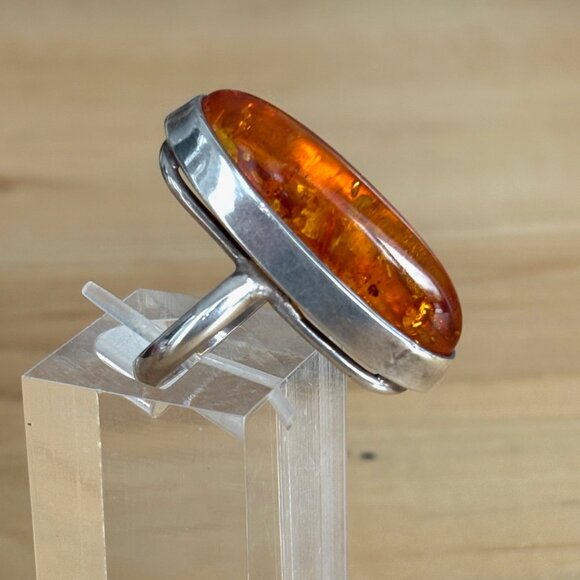 Large Amber & Sterling Silver Statement Ring Artisan Handmade Size 8 - Picture 2 of 16